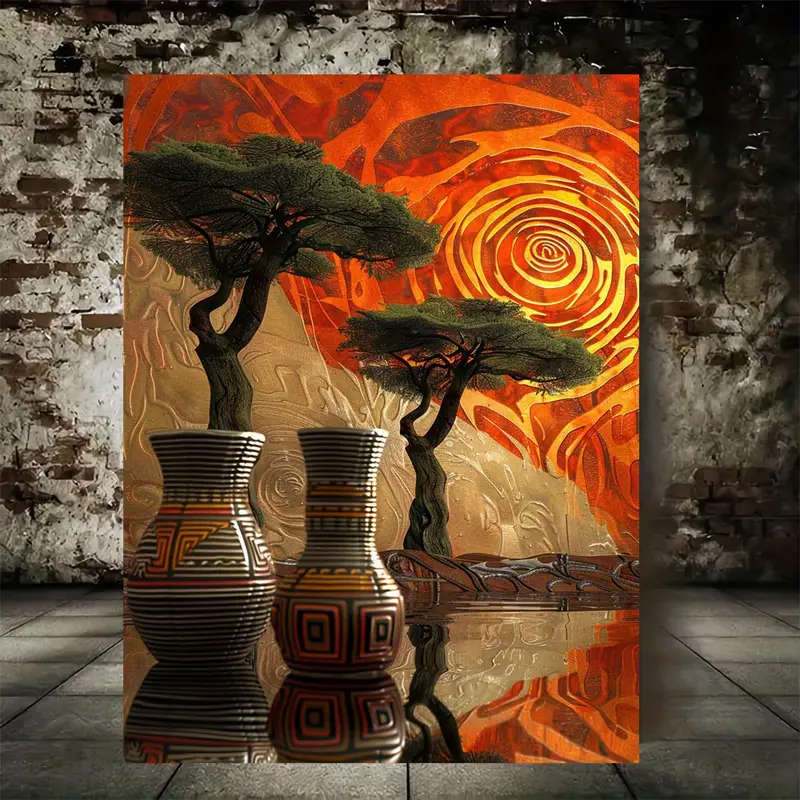 1pc Abstract African Art Canvas Painting Wooden Framed with Vases Trees Patterns Perfect for Living