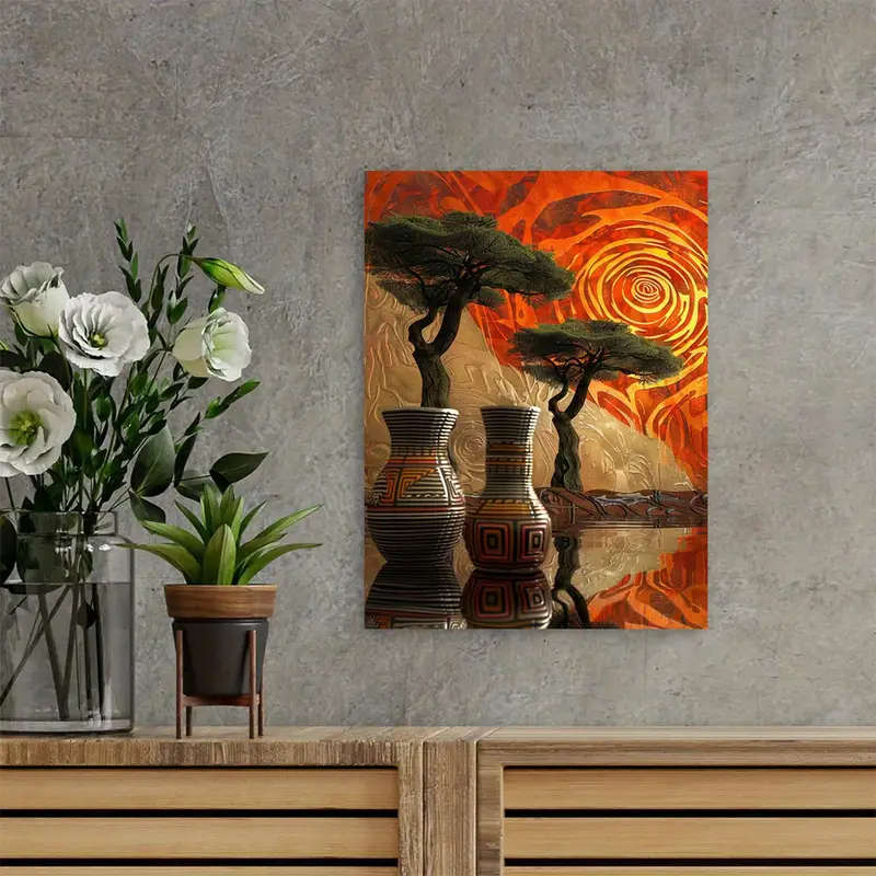 1pc Abstract African Art Canvas Painting Wooden Framed with Vases Trees Patterns Perfect for Living