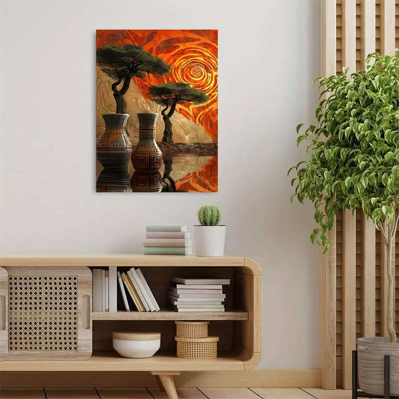 1pc Abstract African Art Canvas Painting Wooden Framed with Vases Trees Patterns Perfect for Living