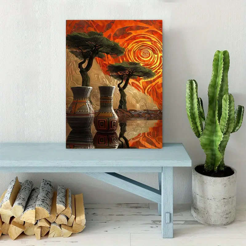 1pc Abstract African Art Canvas Painting Wooden Framed with Vases Trees Patterns Perfect for Living