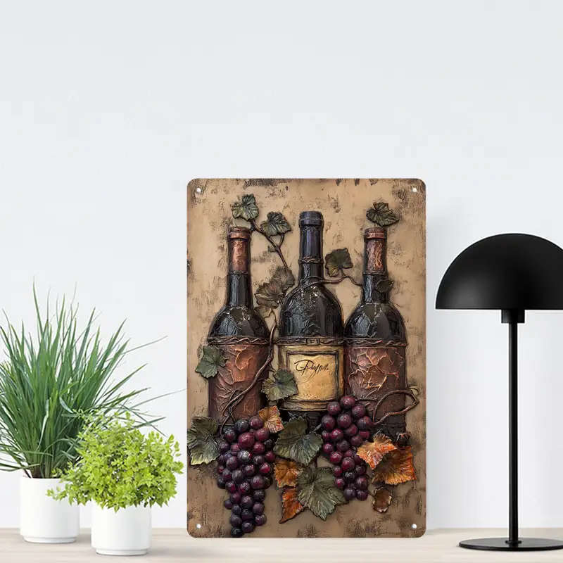 1pc 2D Metal Hanging Wall Sign Vintage Wine Bottle And Grape Bunches Metal Sign Bar Kitchen Coffee S