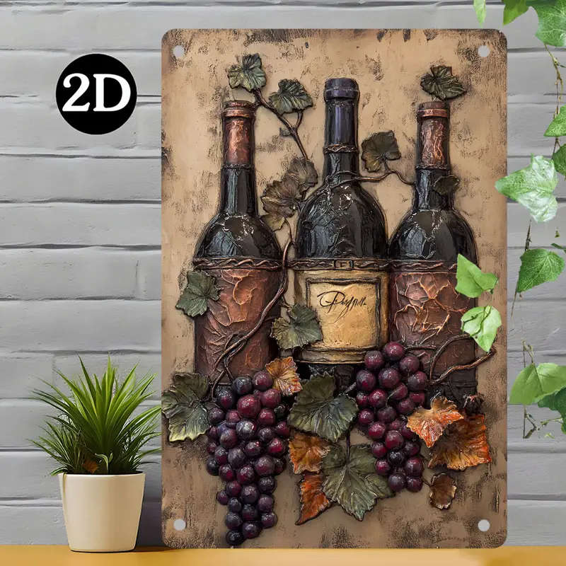 1pc 2D Metal Hanging Wall Sign Vintage Wine Bottle And Grape Bunches Metal Sign Bar Kitchen Coffee S