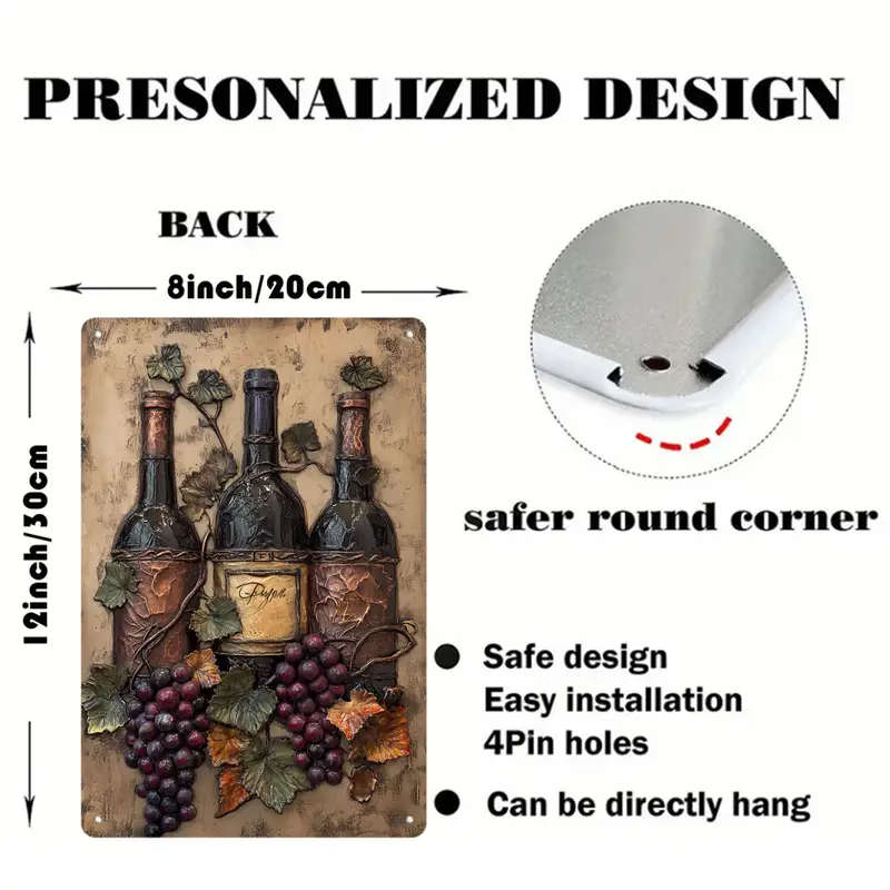 1pc 2D Metal Hanging Wall Sign Vintage Wine Bottle And Grape Bunches Metal Sign Bar Kitchen Coffee S