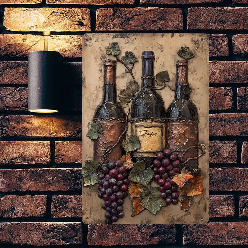 1pc 2D Metal Hanging Wall Sign Vintage Wine Bottle And Grape Bunches Metal Sign Bar Kitchen Coffee S