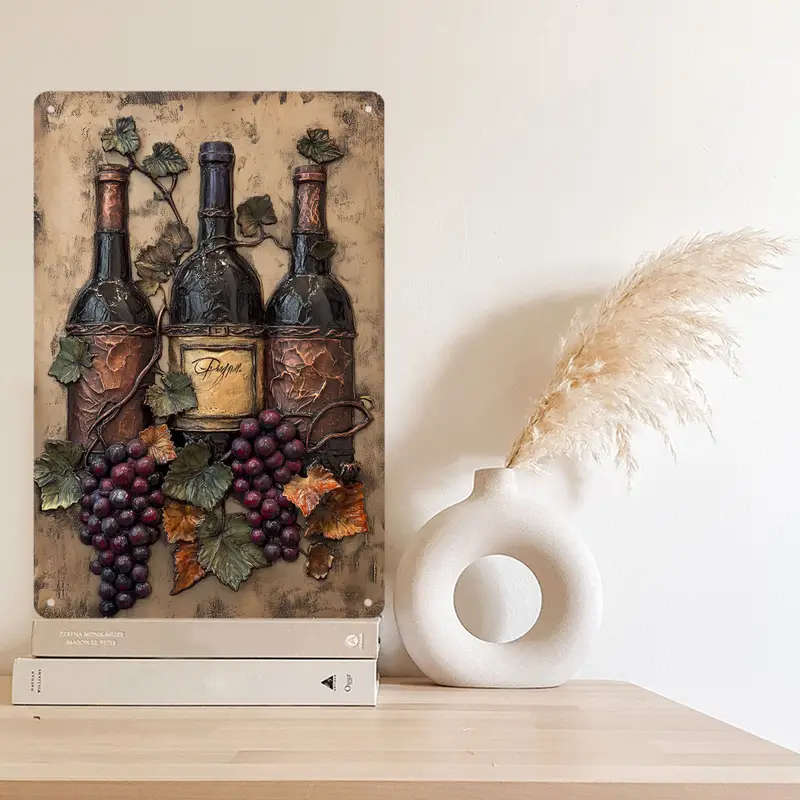 1pc 2D Metal Hanging Wall Sign Vintage Wine Bottle And Grape Bunches Metal Sign Bar Kitchen Coffee S