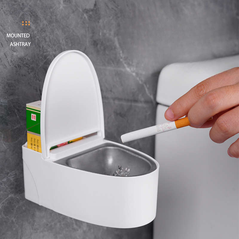 1pc Wall-Mounted Toilet Ashtray with Lid Plastic Thickened Dust Cover Easy to Clean Avoid Flyin