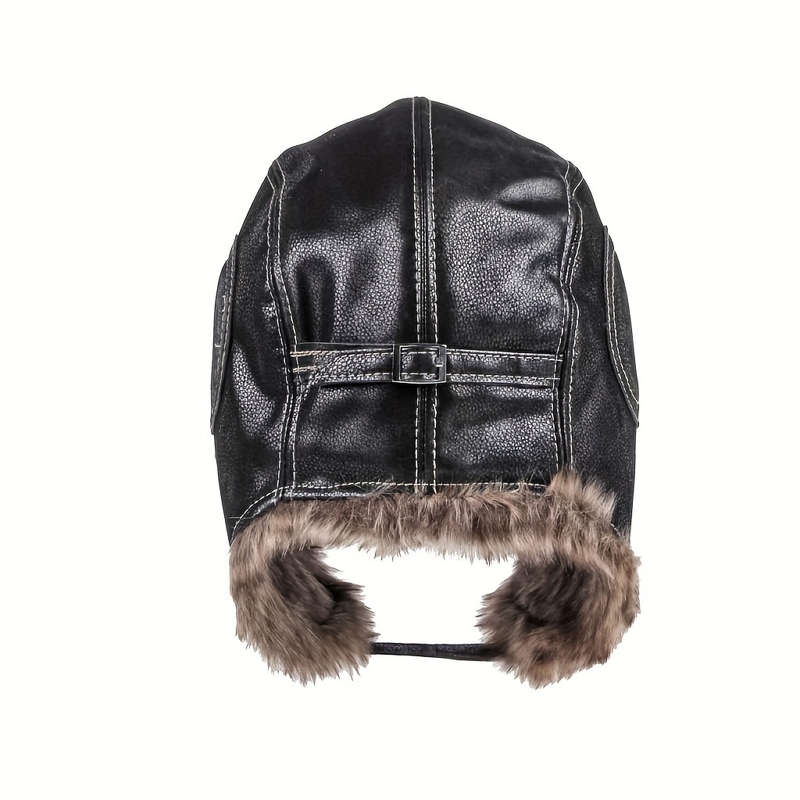 1pc Men's Thick Faux Leather Trapper Hat with Faux Fur Trim Windproof Ear-Flap Design for S