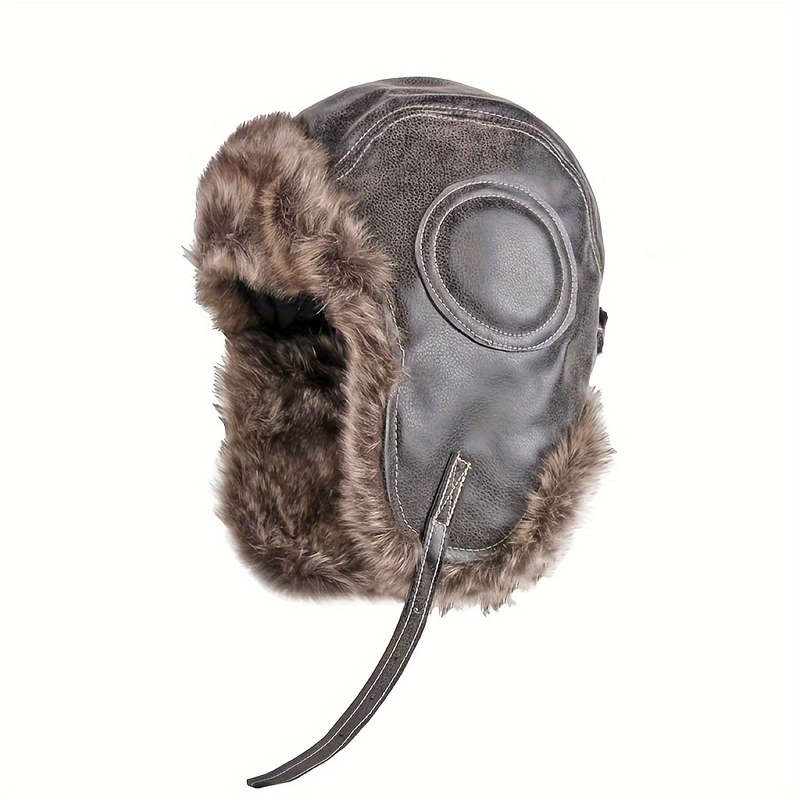 1pc Men's Thick Faux Leather Trapper Hat with Faux Fur Trim Windproof Ear-Flap Design for S