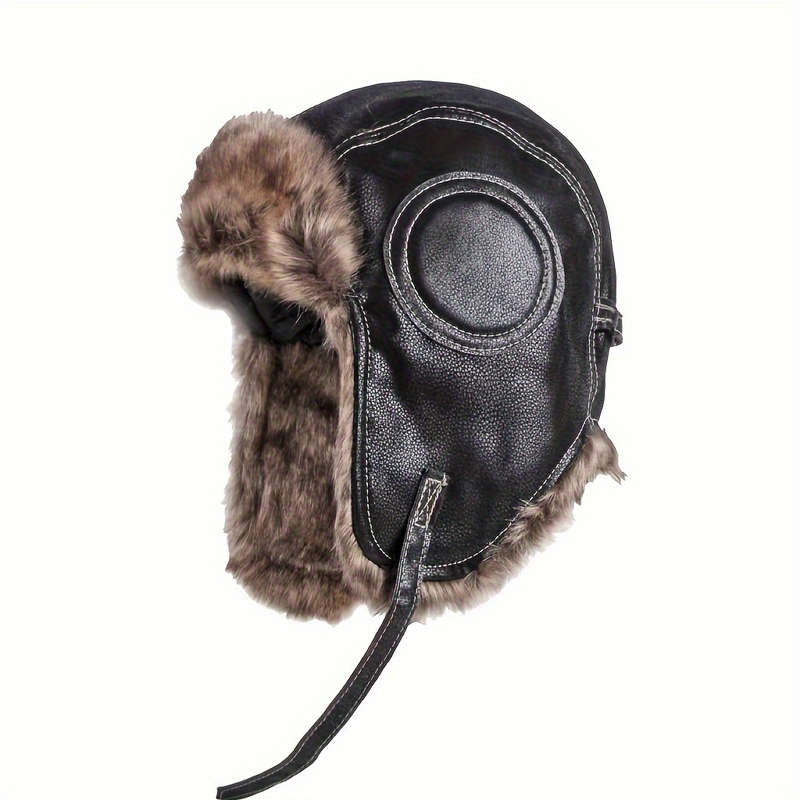 1pc Men's Thick Faux Leather Trapper Hat with Faux Fur Trim Windproof Ear-Flap Design for S