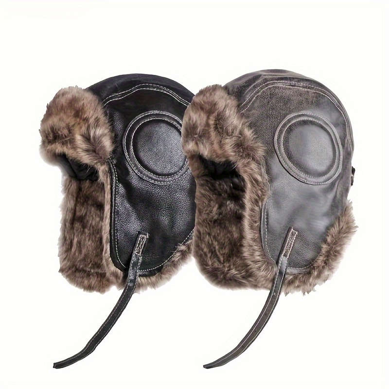 1pc Men's Thick Faux Leather Trapper Hat with Faux Fur Trim Windproof Ear-Flap Design for S