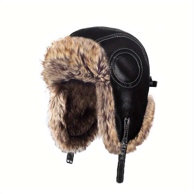 1pc Men's Thick Faux Leather Trapper Hat with Faux Fur Trim Windproof Ear-Flap Design for S
