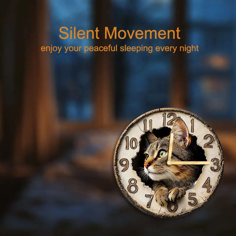 1pcs Charming Wild Cat Wall Clock 2D Art Design Silent Movement Wood Fiberboard Round
