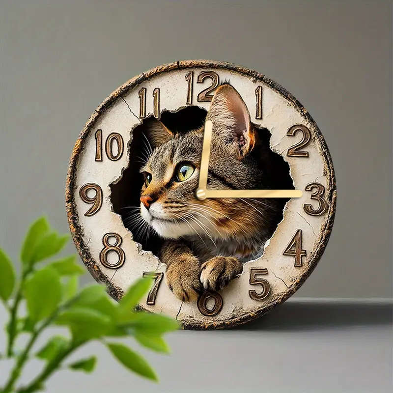 1pcs Charming Wild Cat Wall Clock 2D Art Design Silent Movement Wood Fiberboard Round