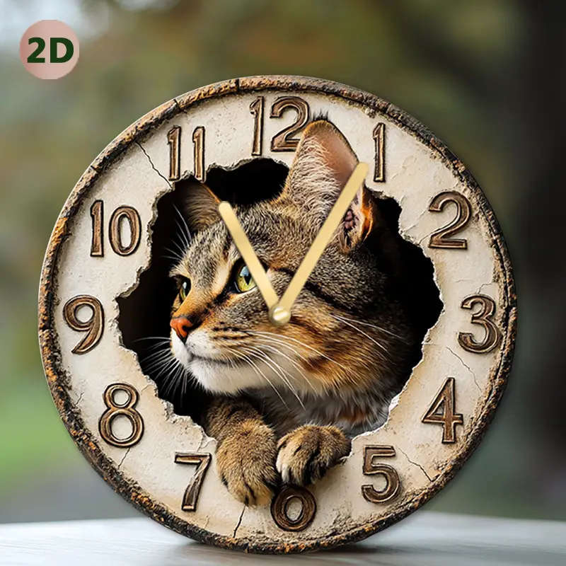 1pcs Charming Wild Cat Wall Clock 2D Art Design Silent Movement Wood Fiberboard Round