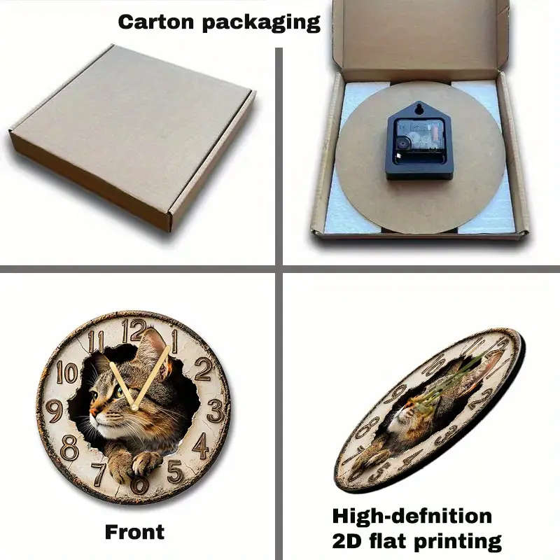 1pcs Charming Wild Cat Wall Clock 2D Art Design Silent Movement Wood Fiberboard Round