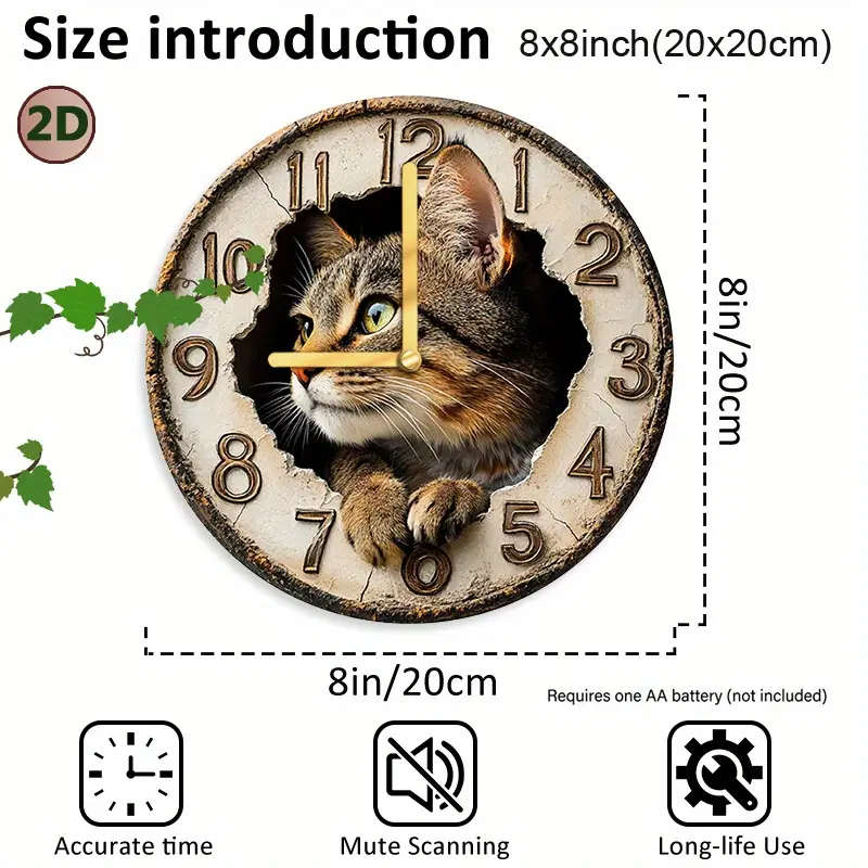1pcs Charming Wild Cat Wall Clock 2D Art Design Silent Movement Wood Fiberboard Round
