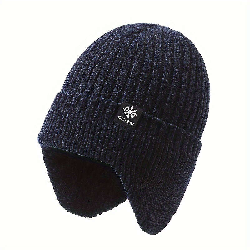 1pc Thick Velvet Lined Warm Knit Beanie  Ear Flaps Winter Hat for Men Cold Weather Protection
