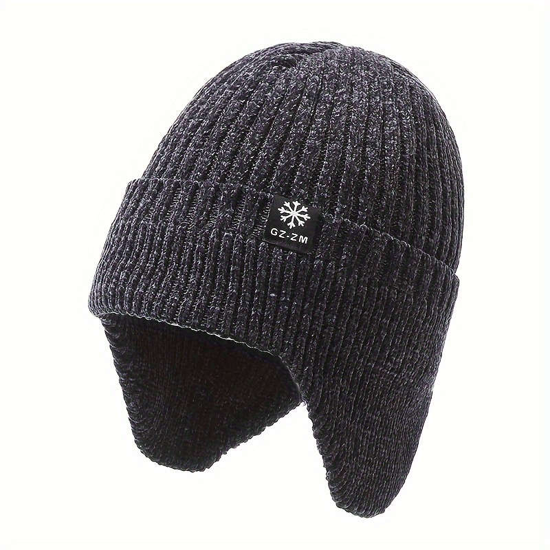 1pc Thick Velvet Lined Warm Knit Beanie  Ear Flaps Winter Hat for Men Cold Weather Protection