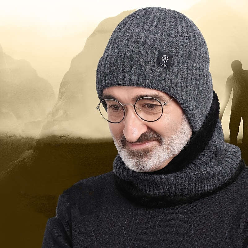 1pc Thick Velvet Lined Warm Knit Beanie  Ear Flaps Winter Hat for Men Cold Weather Protection