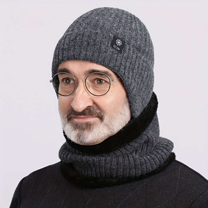 1pc Thick Velvet Lined Warm Knit Beanie  Ear Flaps Winter Hat for Men Cold Weather Protection