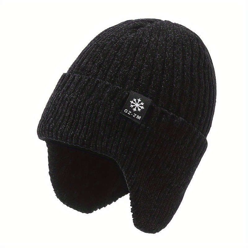 1pc Thick Velvet Lined Warm Knit Beanie  Ear Flaps Winter Hat for Men Cold Weather Protection