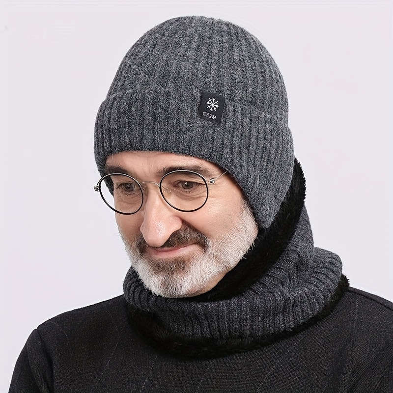 1pc Thick Velvet Lined Warm Knit Beanie  Ear Flaps Winter Hat for Men Cold Weather Protection