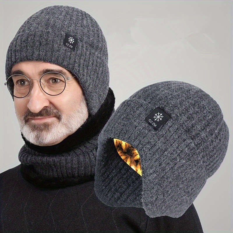 1pc Thick Velvet Lined Warm Knit Beanie  Ear Flaps Winter Hat for Men Cold Weather Protection