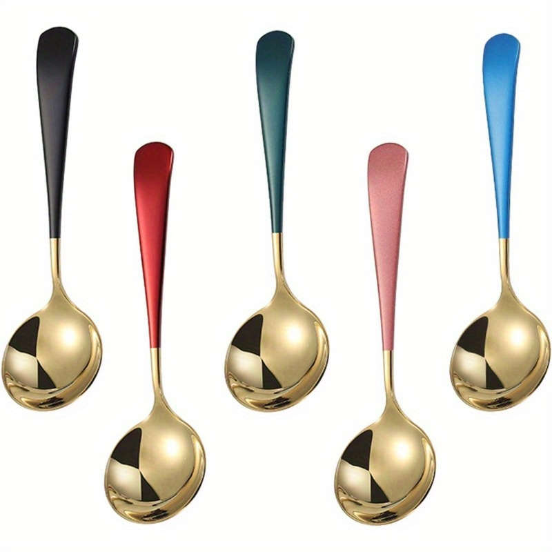 5pcs Elegant Stainless Steel Soup Spoon Set with Vibrant Handles Modern Thick Design Perfect