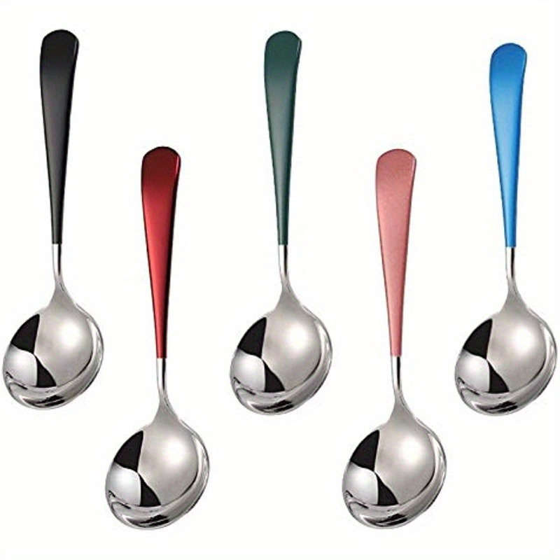 5pcs Elegant Stainless Steel Soup Spoon Set with Vibrant Handles Modern Thick Design Perfect