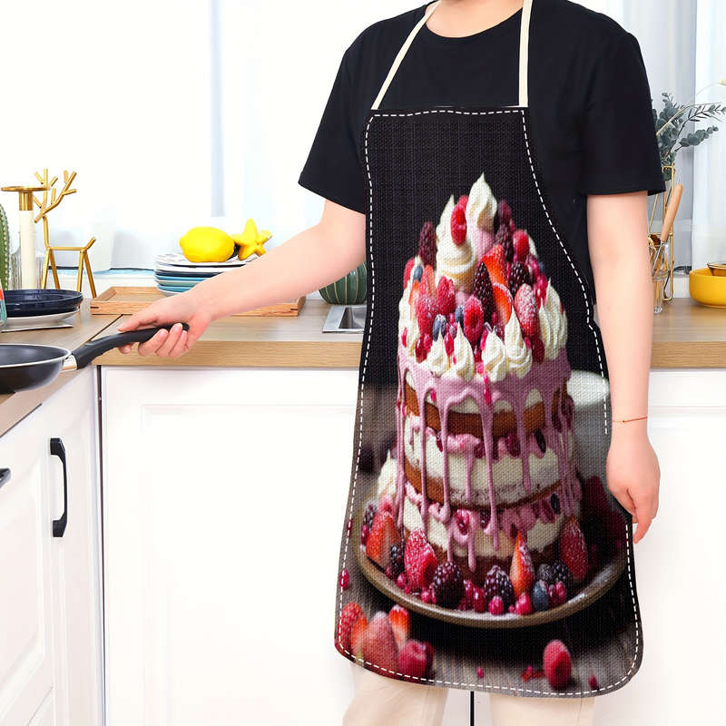 1pc Linen Apron with Cake Print 1pc Woven Linen Chef'S Apron Durable Adjustable Comfortable Fi