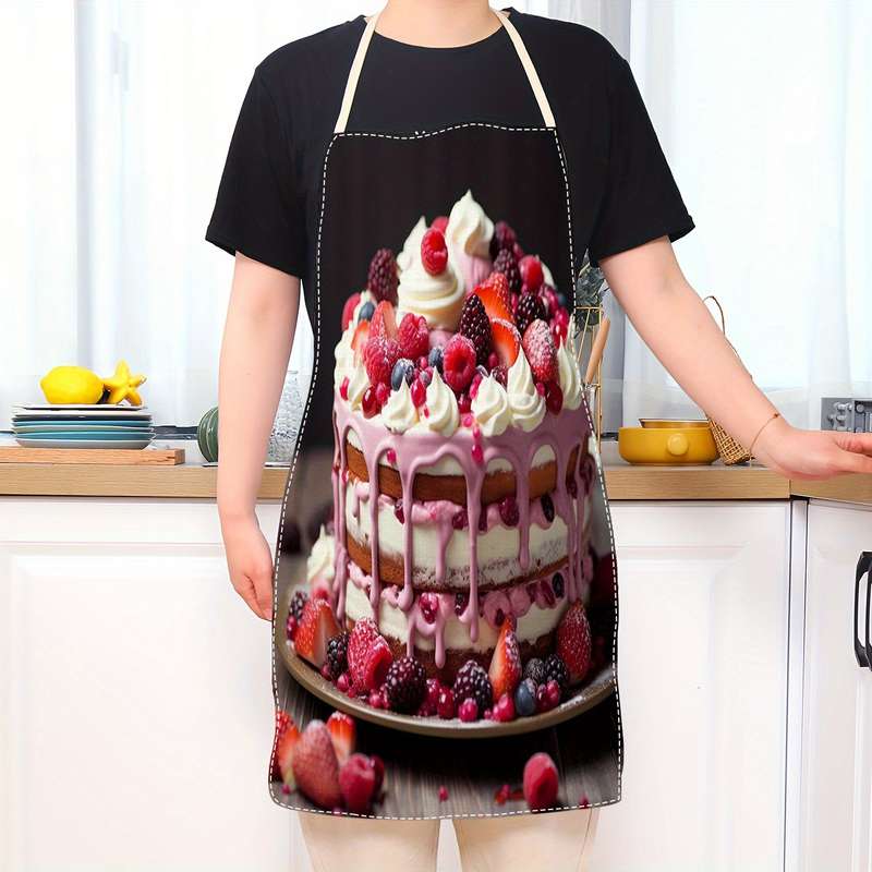 1pc Linen Apron with Cake Print 1pc Woven Linen Chef'S Apron Durable Adjustable Comfortable Fi