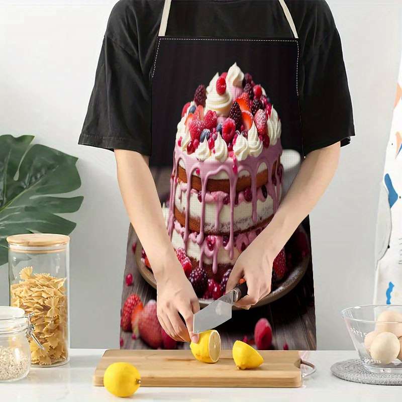 1pc Linen Apron with Cake Print 1pc Woven Linen Chef'S Apron Durable Adjustable Comfortable Fi