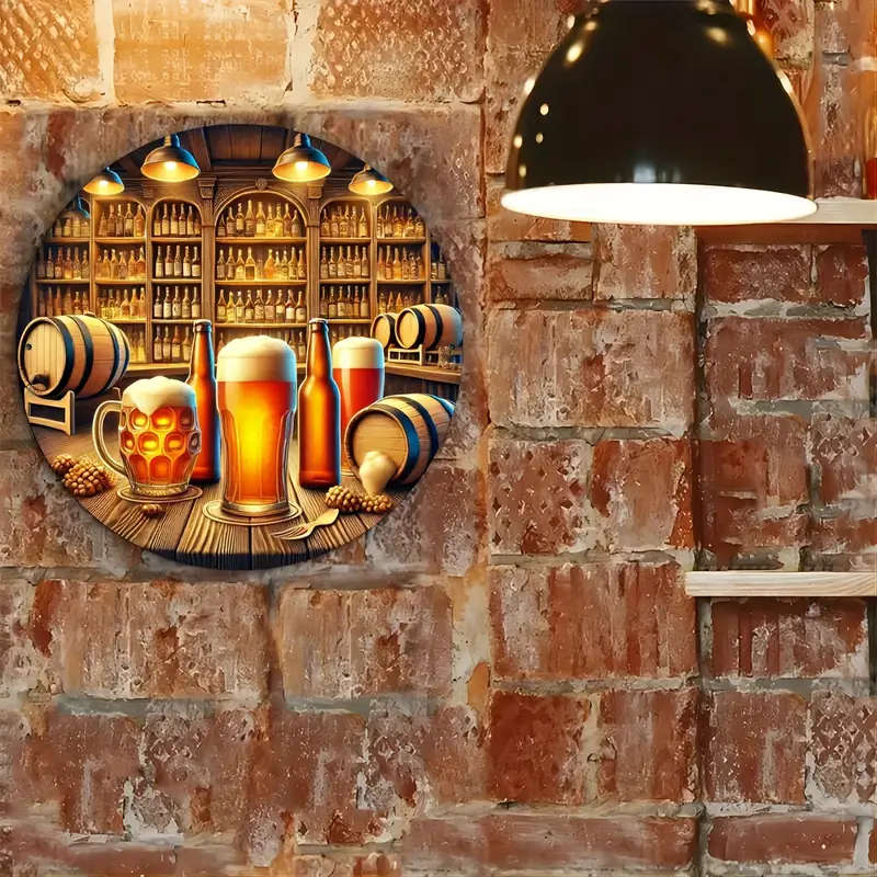 1pc Aluminum Beer Bar Scene Round Sign 19.99cm Foiled Engraving Art with Frothy Mugs for Home Office
