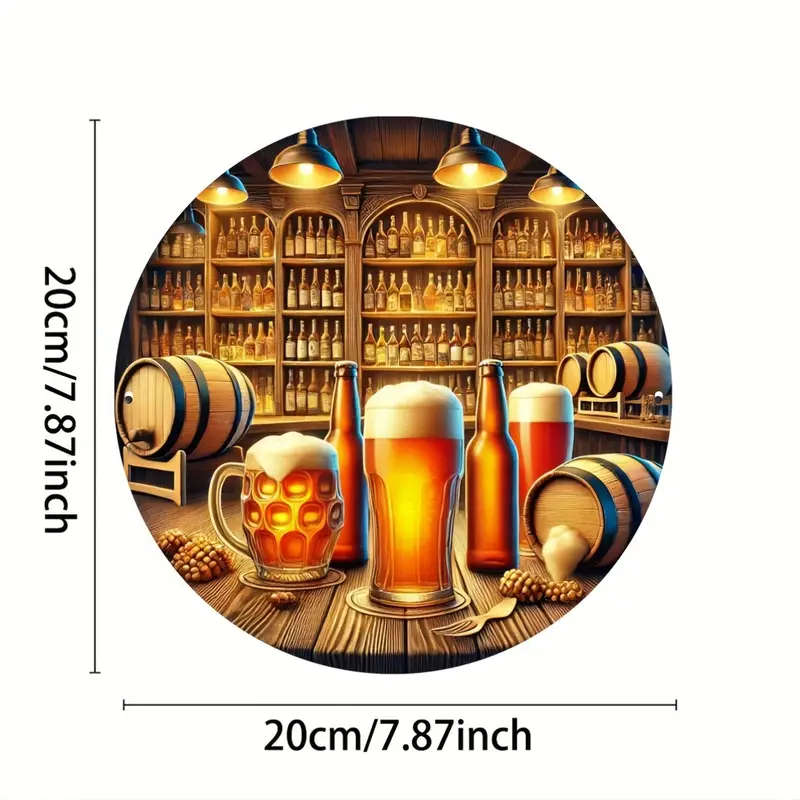 1pc Aluminum Beer Bar Scene Round Sign 19.99cm Foiled Engraving Art with Frothy Mugs for Home Office