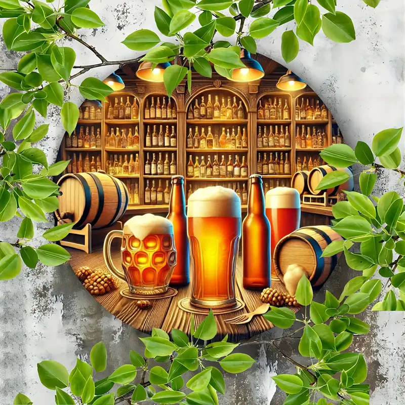 1pc Aluminum Beer Bar Scene Round Sign 19.99cm Foiled Engraving Art with Frothy Mugs for Home Office