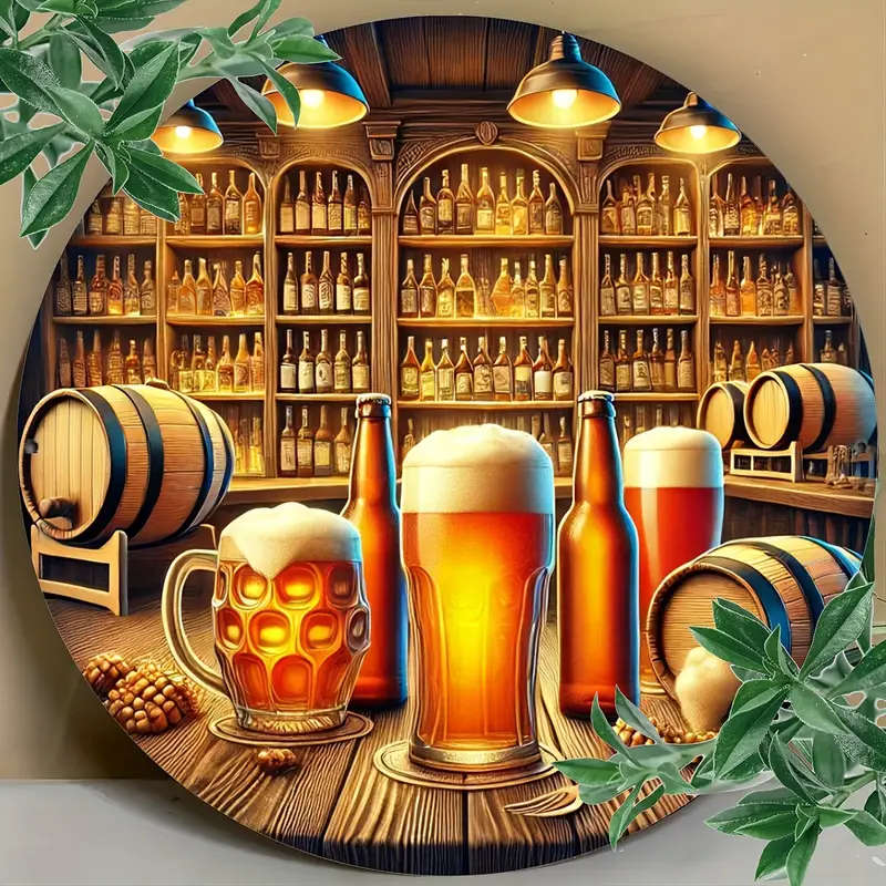 1pc Aluminum Beer Bar Scene Round Sign 19.99cm Foiled Engraving Art with Frothy Mugs for Home Office