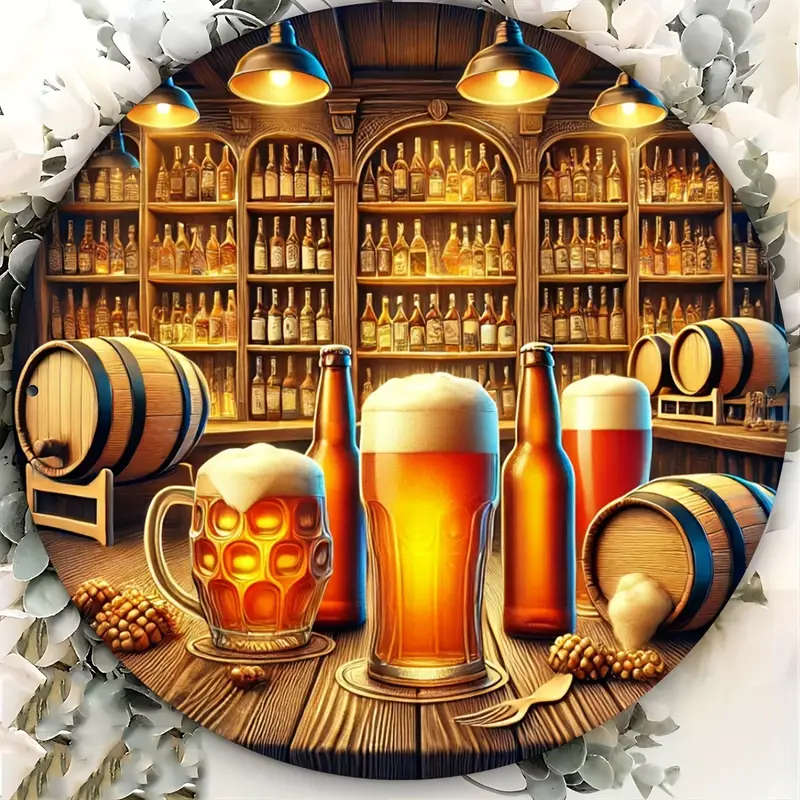 1pc Aluminum Beer Bar Scene Round Sign 19.99cm Foiled Engraving Art with Frothy Mugs for Home Office