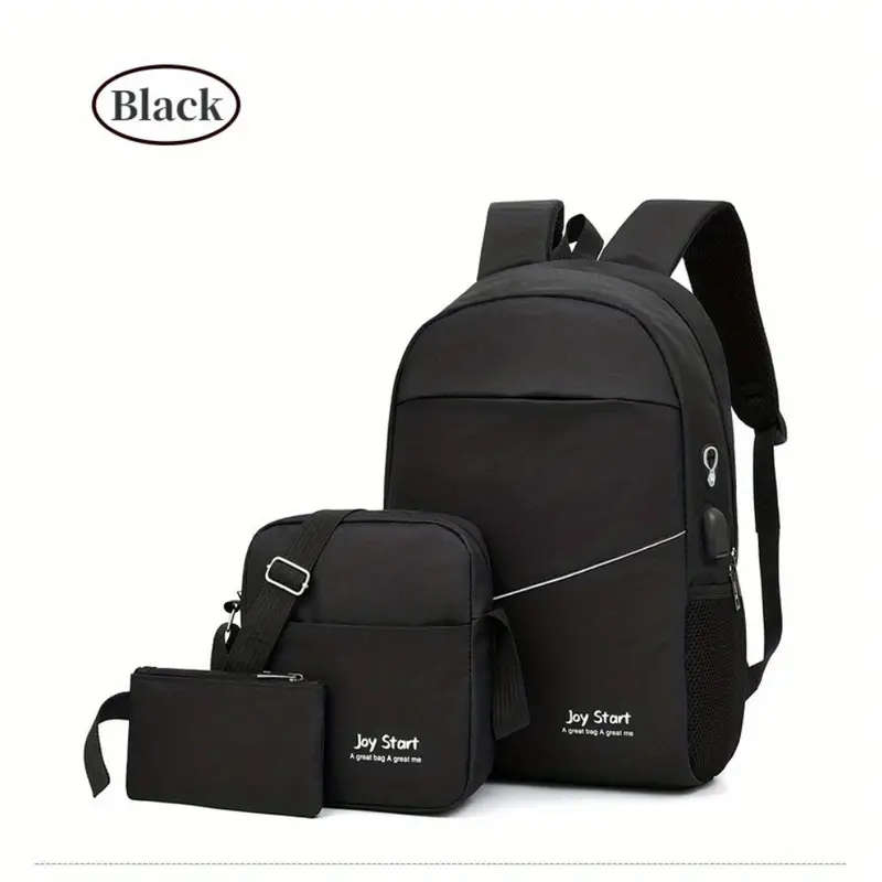 3pcs Backpack Set with Laptop Compartment Stylish Solid Color Large Capacity Waterproof Stain Resist