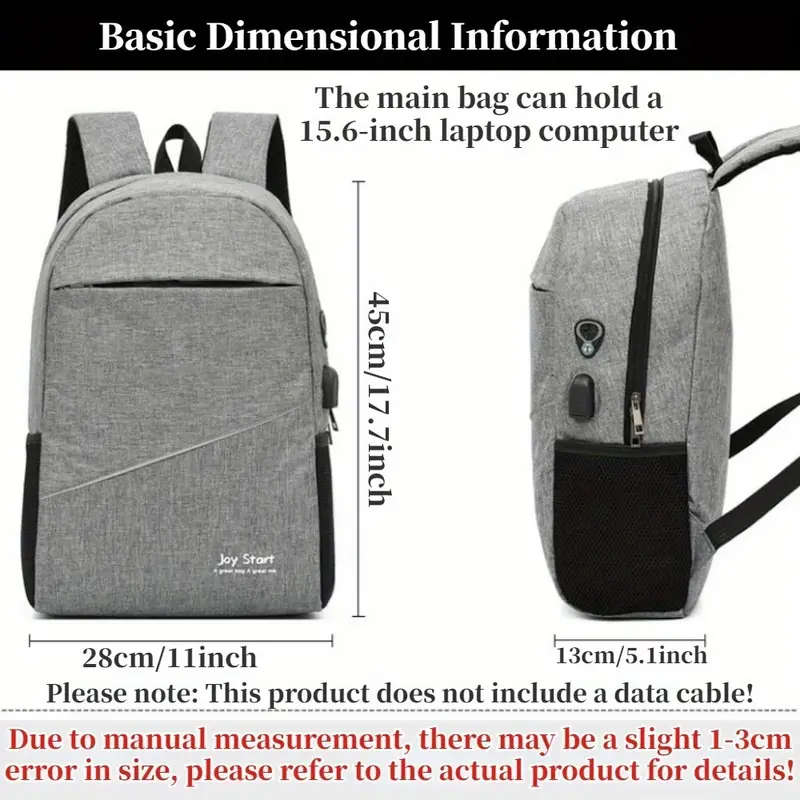 3pcs Backpack Set with Laptop Compartment Stylish Solid Color Large Capacity Waterproof Stain Resist