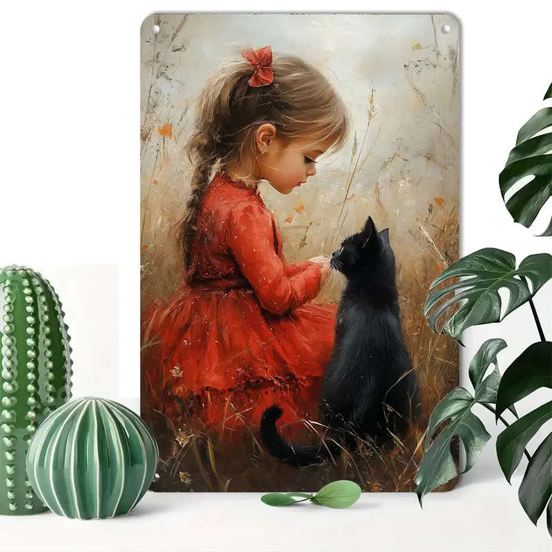 1pc Vintage-Inspired Aluminum Metal Art Set with Red Dress Girl and Black Cat Design Decorative Tin