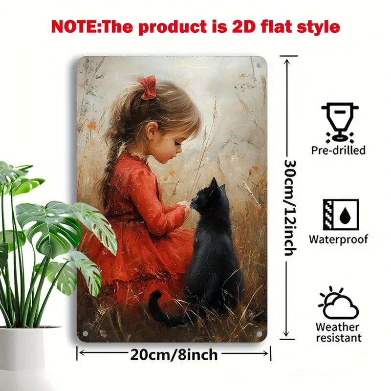 1pc Vintage-Inspired Aluminum Metal Art Set with Red Dress Girl and Black Cat Design Decorative Tin