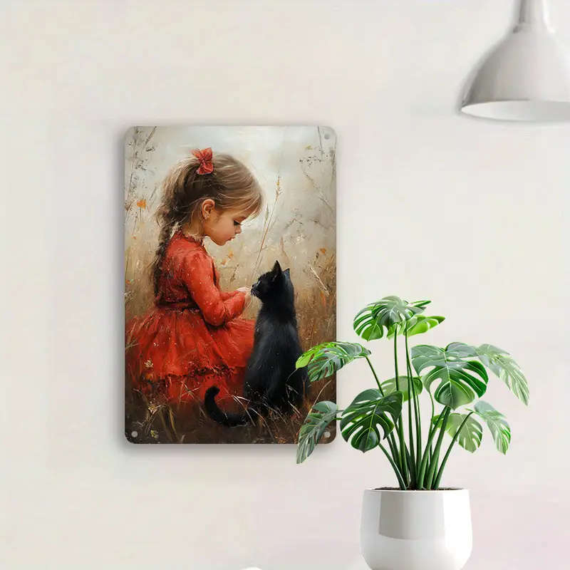 1pc Vintage-Inspired Aluminum Metal Art Set with Red Dress Girl and Black Cat Design Decorative Tin