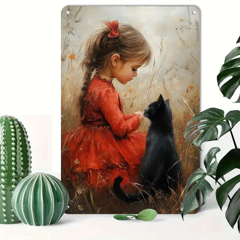 1pc Vintage-Inspired Aluminum Metal Art Set with Red Dress Girl and Black Cat Design Decorative Tin