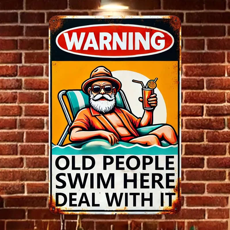 1pc Vintage Old People Swim Here Metal Sign Rustic Iron Wall Decor for Pool Garden Garage for Man Ca