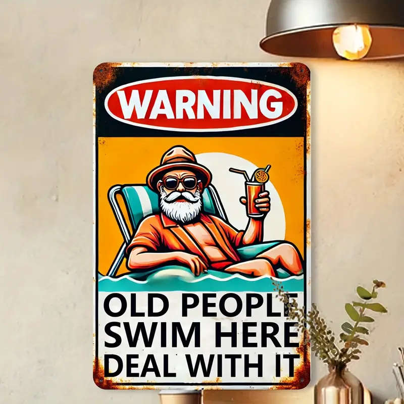 1pc Vintage Old People Swim Here Metal Sign Rustic Iron Wall Decor for Pool Garden Garage for Man Ca