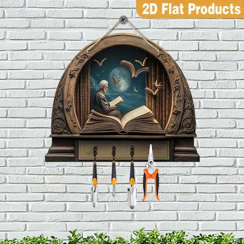 2D Flat 2D Plane 1pc Old for Man Reading Wooden Key Rack Simple and Colorful Design with Four M