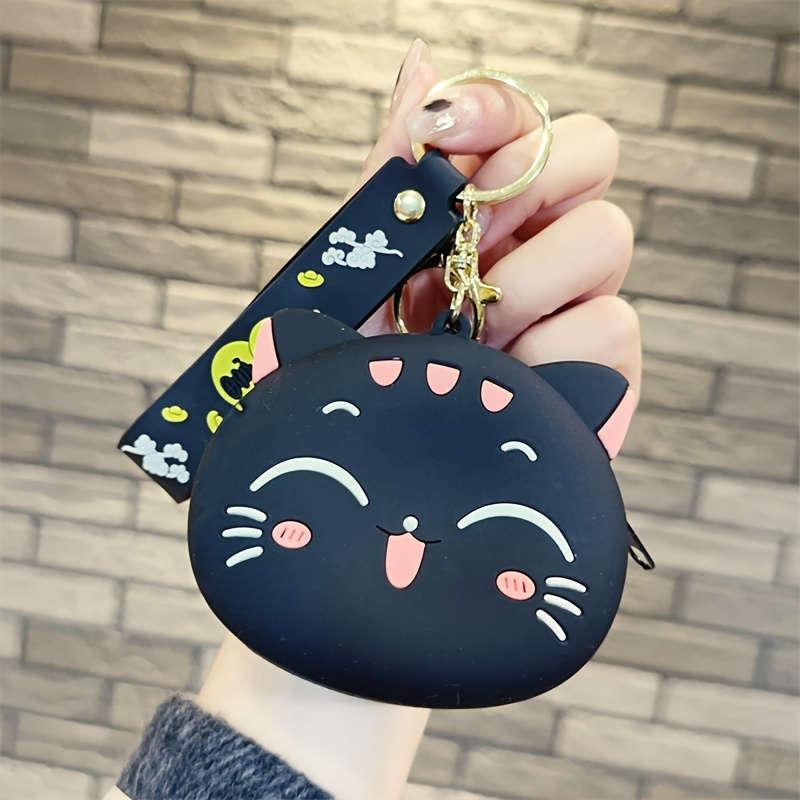 1pc Cute Black Cat Silicone Coin Purse with Keychain C Lightweight Zippered Pouch for Coins Ke