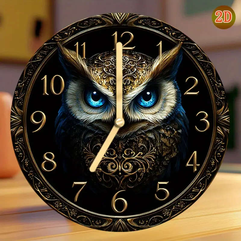 1pc Round Silent Wooden Wall Clock 2D Flat Owl Design Manufactured Wood Dry Battery Power AA Battery