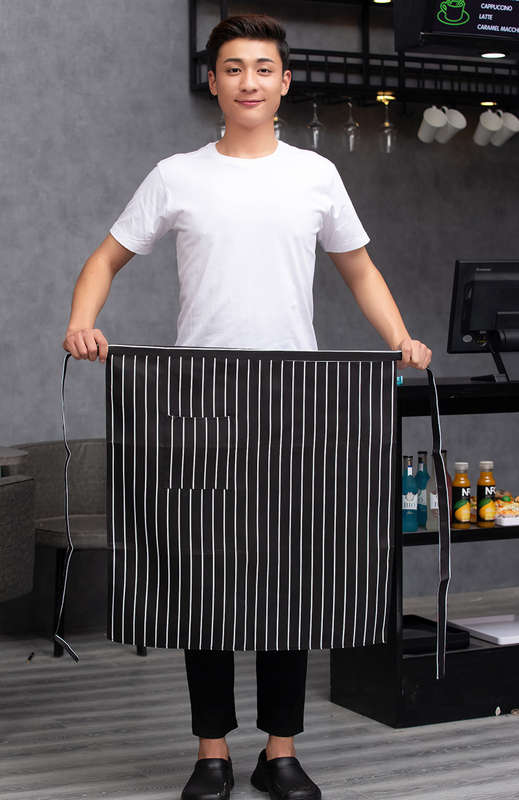 1pc Men's Black Canvas Chef Apron with Red Stripe Half-Length Server Kitchen Work Apron Durabl