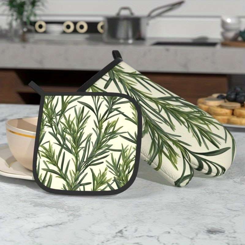 2pcs Botanical Print Oven Mitts Pot Holders Heat-Resistant 26.92x17.02cm Green Plant Desi